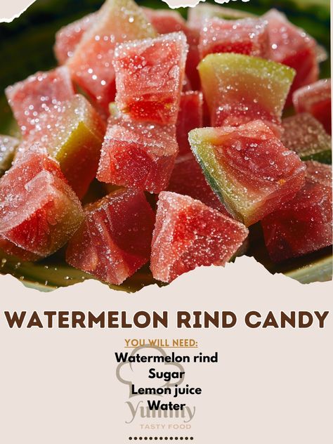 🍉 Explore the sweet side of sustainability with our Watermelon Rind Candy! A delightful treat! #EcoSweet Watermelon Rind Candy Ingredients: Watermelon rind, trimmed (4 cups) Sugar (2 cups (400 g)) Lemon juice (1 tbsp (15 ml)) Water (2 cups (480 ml)) Instructions: Simmer rind pieces in syrup until translucent. Drain and dry. Roll in sugar and dry. 🍉 Indulge in these eco-friendly candies that turn leftovers into something special! #SustainableSweets Watermelon Rind Candy Recipe, Cozy Fall Recipes, Watermelon Rind, Festive Drinks, Hearty Soups, Savoury Dishes, Candy Recipes, 2 Cups, Lemon Juice