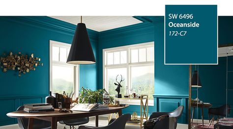 SW - Color of the Year 2018 - Oceanside SW 6496 - slide 4 Behr Blueprint, Mid Century Modern Paint Colors, Dark Blue Houses, Best Front Door Colors, Modern Paint Colors, Blue Wall Colors, Behr Colors, Sherwin Williams Colors, Paint Colors Benjamin Moore