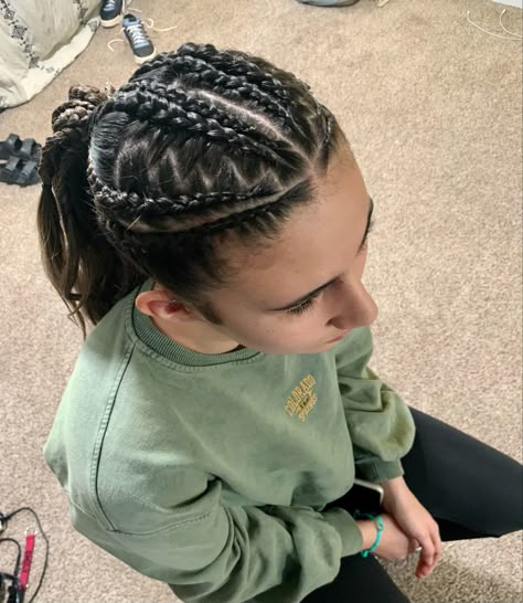 Tight braids inti poneytail Braided Hairstyles For Wrestling, Braids For Wrestling, Braids For Boxing, Athletic Hairstyles Braids, Cool Braids For Sports, Hair Ideas For Sports Braids, Fun Braided Hairstyles For Sports, Braided Updo Sports, Braids For Softball