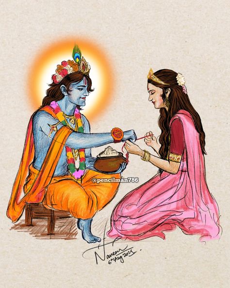 Draupadi tying Rakhi to Krishna 🙏 #Krishna #rakshabandhanspecial #draupadi Every girl deserves a protector like Krishna, standing strong to uphold honor and faith. This Rakshabandhan, let’s pledge to support and safeguard one another, ensuring that heinous acts like the Kolkata incident become a thing of the past. Together, we can create a world where every girl feels safe and valued. #Rakshabandhan #justiceforladydoctor #nirbhaya2 #kolkatarapecase #Sisterhood #wewantjustice [ Kri... Draupadi Art, Draupadi And Krishna, Krishna Rakhi, Pencil Work, Krishna Krishna, Create A World, Stand Strong, Krishna Painting, Raksha Bandhan