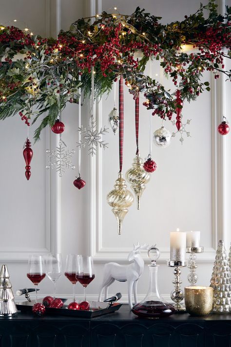 Elegant Exterior Christmas Decorations, Drop Ceiling Decor, Classy Traditional Christmas Decor, Tasteful Holiday Decor, Over Table Christmas Decorations, Opulent Christmas Decor, Regal Christmas Decor, Christmas Shop Decor Ideas, Christmas Decor Hanging From Ceiling