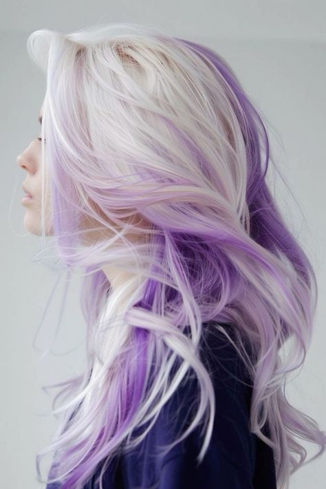 Beautiful Lavender Hair for a Touch of Fantasy Lavender Hair Dye Ideas, Purple To Blonde Hair, Blond Hair With Lavender Highlights, White Hair Purple Highlights, Purple Roots Blonde Hair, Blonde And Lavender Hair, White And Purple Hair, Unique Dyed Hair, Blonde Hair With Purple Streaks