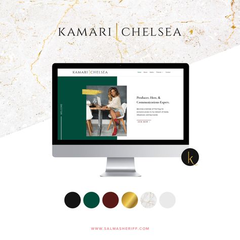 Branding and Website Design for Kamari Chelsea - Salma Sheriff Emerald Green Website Design, Emerald Green Branding Color Palette, Web Design Black, Gold Website, Logo Submark, Facial Room, Green Branding, Brand Boards, Coaching Website