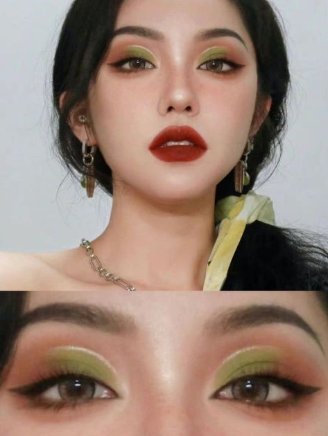 Edgy Makeup For Hooded Eyes, Green Eyeshadow Red Lipstick, Makeup For Turquoise Outfit, About Face Beauty Eye Paint, Tan Skin Eye Makeup, Under Eyeshadow Looks, Unique Eye Makeup Looks, 20s Eye Makeup, Make Up For Green Outfit