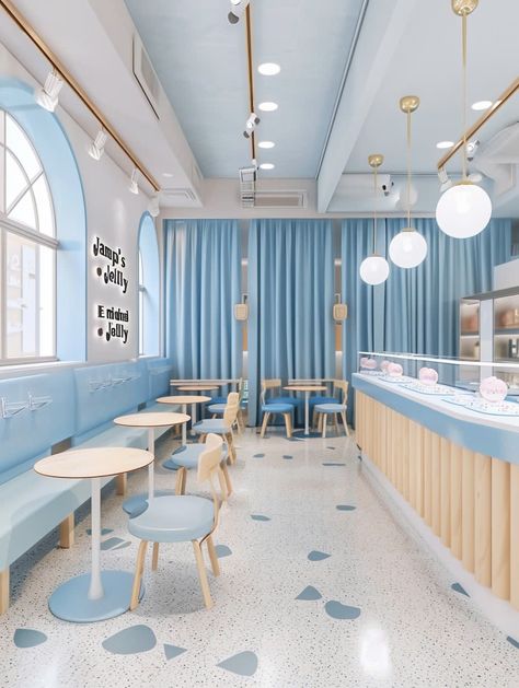 extremely beautiful and cute coffee shop interior Coffee Blue Aesthetic, Cute Coffee Shop Interior, Blue Bakery, Coffee Decorations, Coffee Shop Interior, Booth Seat, Pet Cafe, Cafe Idea, Play Cafe