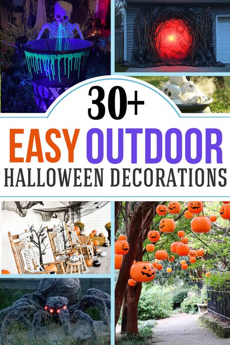 Collage of halloween decorations including pumpkins, skulls, spiders, and lights. Witchy Yard, Outdoor Halloween Crafts, Outdoor Halloween Decor Ideas, Diy Outdoor Halloween Decorations, Haunted Garden, Easy Outdoor Halloween Decorations, Outdoor Halloween Decor, Halloween Lawn, Halloween Diy Outdoor