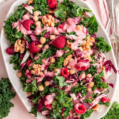 Raspberry Walnut Kale Salad with Raspberry Vinaigrette Quinoa Chickpea Salad, Raspberry Vinaigrette Salad, Baked Tempeh, Raspberry Salad, Massaged Kale, Sweet Potato Kale, Raspberry Vinaigrette, Baked Tofu, Red Cabbage