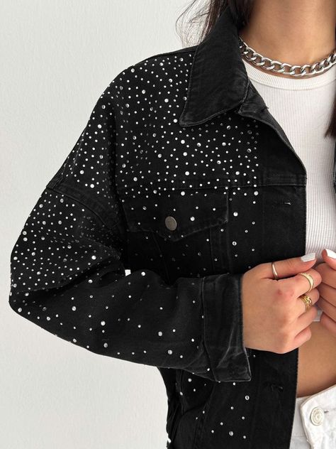 Black Rhinestone Jacket, Denim Jacket Cropped, Rhinestone Jacket, Edgy Woman, Demin Jacket, Black Jean Jacket, Denim And Diamonds, Winter Top, Womens Fashion Edgy