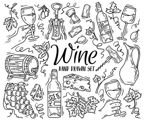 Vector linear set with wine and cheese in Doodle sketch style Wine Doodle, Wine Sketch, Wine Clipart, Cheese Wine, Wine And Cheese, Sketch Style, Wine Cheese, Doodle Sketch, Drawing Set