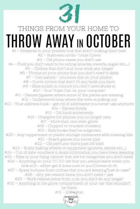 Great list of things at home and in life to declutter in October. 31 items (so one a day!) to get rid of . I can't wait to get started. #declutter #checklist #freeprintable Monthly Cleaning, Declutter Checklist, Eat Snacks, Declutter Your Life, Household Cleaning Tips, Organize Declutter, Cleaning Checklist, Cleaning Schedule, October 31