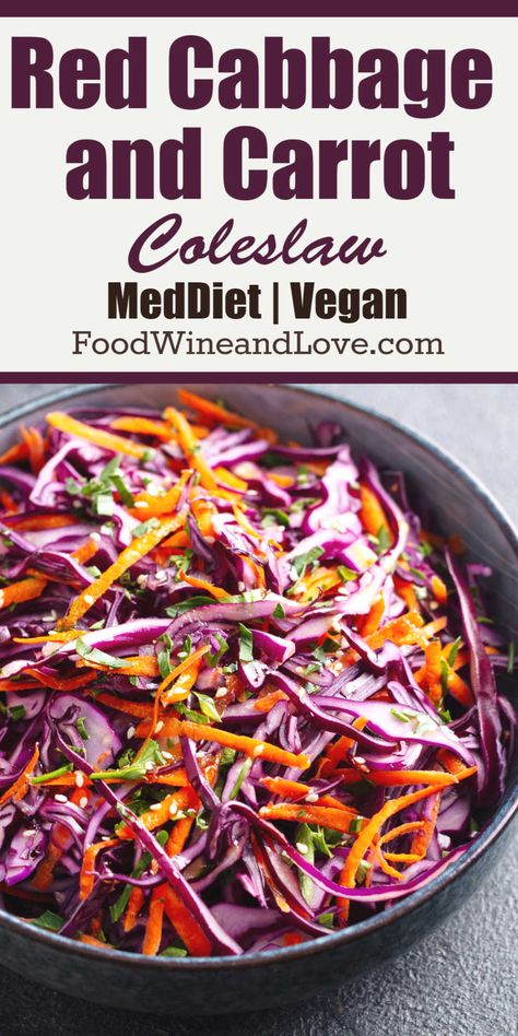 Red Cabbage and Carrot Coleslaw gluten free, vegan, Mediterranean diet friendly and easy vegetable based side or salad. YUMMY! Cabbage Salad Recipes Healthy, Carrot Coleslaw, Vegan Mediterranean Diet, Red Cabbage Recipes, Vegan Mediterranean, Red Cabbage Salad, Carrot Slaw, Red Cabbage Slaw, Coleslaw Salad