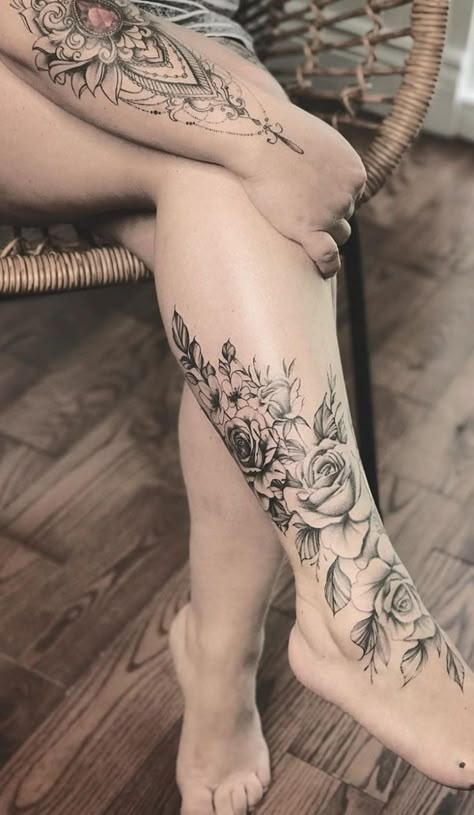 Flower Leg Tattoos, Thumb Tattoos, Shin Tattoo, Ankle Tattoos For Women, Foot Tattoos For Women, Leg Tattoos Women, Leg Sleeve Tattoo, Calf Tattoo, Tattoo Feminina