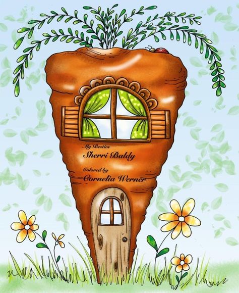 Carrot House Drawing, Fairy House Illustration, Crazy Buildings, Fairy House Drawing, Watercolor Whimsy, Town Garden, House Doodle, Gnome Pictures, Whimsical Art Paintings