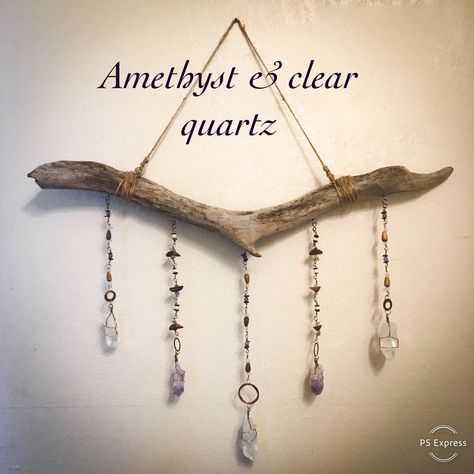 The clear quartz for this wall hanging was hand mined with love by my husband and I in Arkansas, and it has not been previously owned. It features two amethyst points making it a great tool for bringing positive energy into your favorite space. Amethyst enhances intuition and spirituality. Guards against psychic attacks and transmutes that energy into love. Driftwood Crafts Wall Hangings, Driftwood Hanger, Druid Craft, Windchimes Diy, Driftwood Hanging, Diy Wood Crafts, Driftwood Wall Hanging, Crystal Mobile, Driftwood Mobile