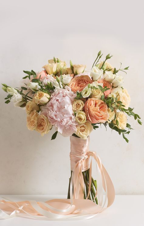 Long Ribbon Bouquet, Ribbon On Bouquet, Bouquet Ribbon Wrap, Satin Ribbon Bouquet, Bridal Bouquet Ribbon, Silly Wedding, Wedding Bouquet Ribbon, Peach Bouquet, Bouquet Ribbon