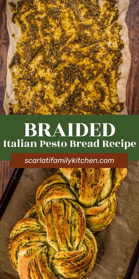 This savory braided pesto bread recipe is made from scratch. Light and fluffy, this homemade bread is braided with bright green basil pesto for a tasty, beautiful side dish. Pesto Garlic Bread, Pesto Focaccia Bread, Plaited Bread, Pesto Bread Recipe, Cheesy Pesto Bread, Homemade Italian Bread, Italian Pesto, Pesto Dishes, Pesto Bread