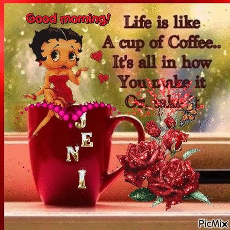 Betty boop - Free animated GIF - PicMix Betty Boop Good Morning, Betty Boop Gifts, Betty Boop Coffee, Good Morning Rainy Day, Betty Boop Figurines, Friend Love Quotes, Good Morning Love Gif, Day And Nite, Beautiful Good Night Quotes