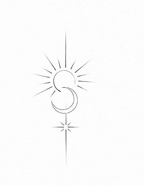 Crescent Sun Tattoo, Northern Star Tattoo Designs, Moon Tattoo Spiritual, Upside Down Moon Tattoo, Sun And Moon Minimalist Tattoo, Eclipse Tattoo Minimalist, Triad Tattoo, Simple Sun And Moon Tattoo, Sun And Moon Spine Tattoo