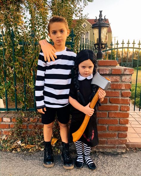 Pugsly And Wednesday Costume, Wednesday Addams And Pugsley, Toddler Wednesday Addams Costume, Wednesday Family Costume, Kids Wednesday Addams Costume, Pugsly Addams Costume, Adam’s Family Halloween Costume, Wednesday Costume Kids, Diy Sibling Halloween Costumes