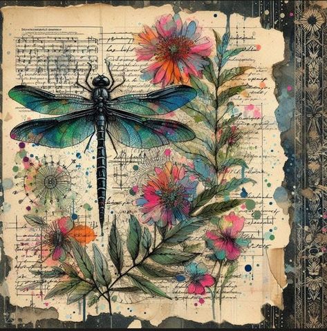 Free Printables + AI Art Sharing | Dragonflies and floral paper | Facebook Dragonfly Printable, Floral Paper, Junk Journal Paper, Journal Paper, Dragonflies, Junk Journal, Free Printables, Decoupage, Card Making