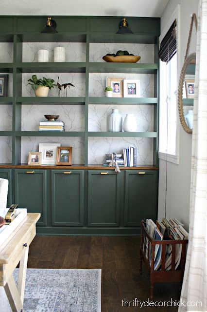 Built In Bookshelves Kitchen, Green Built In Bookcase, Two Tone Built Ins, Green Built Ins Living Room, Office Built Ins Bookshelves, Green Built In Bookshelves, Green Built Ins, Built In Bookcases, Built In Wall Units