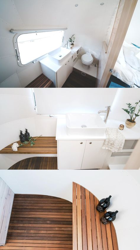 This Airstream wet bath renovation included teak bench and flooring to add warmth to the all-white space, and features Glacier White Corian countertops. Wet Bathroom Ideas Camper, Rv Wet Bath, Airstream Renovation Ideas, Rv Wet Bath Ideas, Airstream Interior Ideas, Airstream Bathroom, Tiny House Hacks, Airstream Restoration, Airstream Living