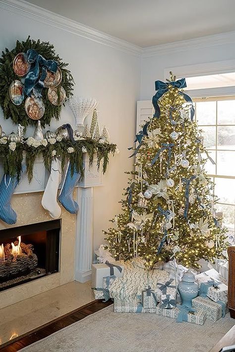 Chapple Chandler's Amazon Page Grand Millenial Christmas Tree, Christmas Tree Ideas Blue And White, Grand Millennial Christmas Tree, Christmas Ribbon Decor, Coastal Christmas Tree Ideas, Preppy Christmas Decor, Grand Millennial Christmas, Christmas Rooms, Christmas Hosting