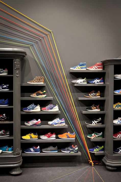 Run Colors Sneaker Shop - Picture gallery 1 Shoe Store Design, Unique Shoe, Poznan Poland, Shoe Room, Clothing Store Interior, Shoe Wall, Clothing Store Design, Sneaker Shop, Retail Store Interior