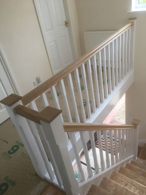 Landing Banister Ideas Upstairs, White And Oak Bannister, Hall Banister Ideas, Oak Bannister Makeover, White And Wood Banister, Timber Stair Balustrade, Stair Spindle Ideas Wood, Wooden Banisters And Railings, Natural Wood Banister