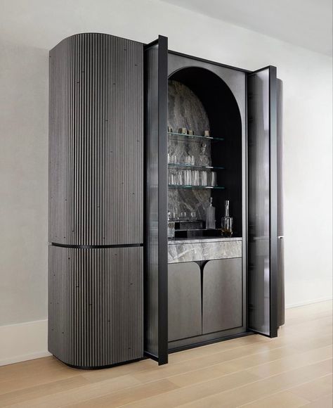 Living Room With Mini Bar, Bar Interior Design Home, Bar Unit Design, Interior Bar Design, Bar Cabinets For Home, Curved Cabinet Doors, Concealed Bar, Mini Bar Design, Mini Bar Ideas