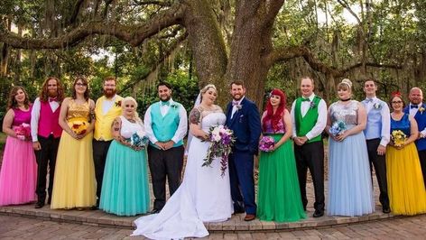 This couple had a magical Disney-themed wedding where every bridesmaid dressed like a Disney Princess Disney Princess Bridesmaids, Disney Princess Themed Wedding, Disney Bridesmaids, Princess Wedding Theme, Disney Themed Wedding, Disney Princess Wedding, Princess Bridesmaid Dress, Disney Inspired Wedding, Tema Disney