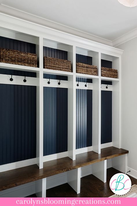 Mudroom 4 Cubbies, Blue And White Mudroom, Mudd Room, Mud Room Cubby Storage Ideas, Navy Mudroom, Blue Mudroom, Laundry Room Cubbies, Mud Room Color Ideas, Mudroom Cubby Ideas