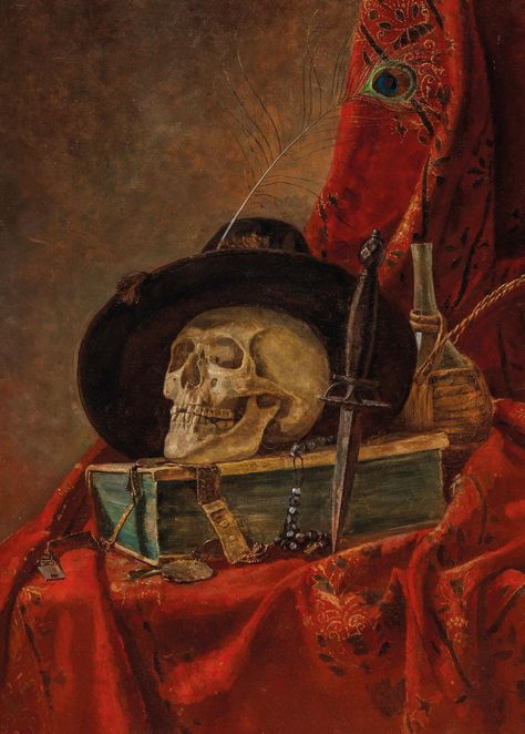 Vanitas Still Life, oil on canvas, 80 x 58.5 cm, framed, (Rei) Vanitas Still Life, Vanitas Paintings, Vanitas Vanitatum, Flag Painting, Inspirational Illustration, 19th Century Paintings, Occult Art, Beautiful Dark Art, Scary Art