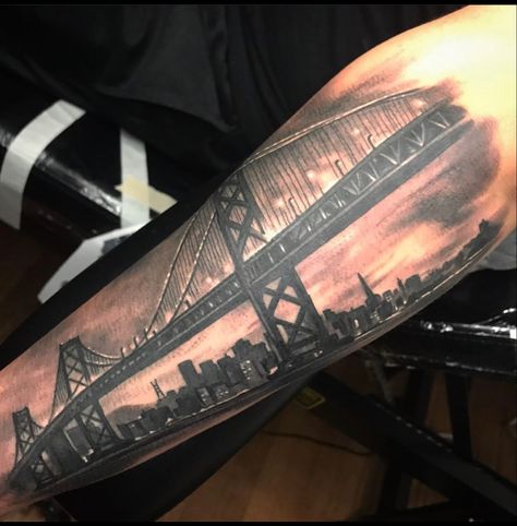 City Sleeve Tattoo, Brooklyn Ny Tattoo Ideas, George Washington Bridge Tattoo, San Francisco Bridge Tattoo, Bay Bridge Tattoo, Boston Skyline Tattoo, San Francisco Tattoo Ideas, Bay Area Tattoos, Boston Tattoo Ideas