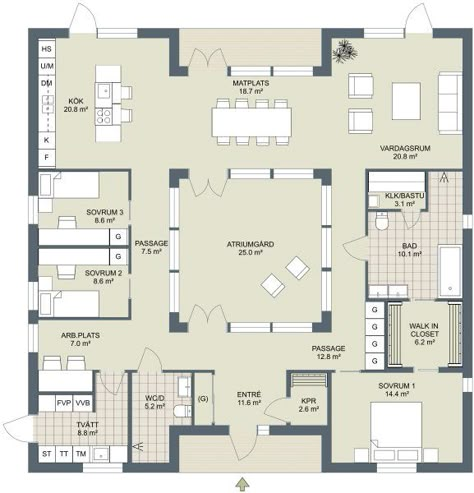 Atrium Atriums In Houses, Atrium Architecture, Barndo Plans, Atrium House, Atrium Design, Indoor Courtyard, Bungalow Floor Plans, Courtyard House Plans, Vintage House Plans