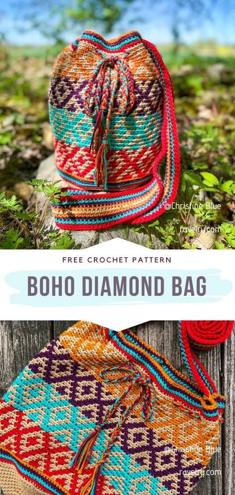 Crochet Bag Crochet Mosaic Bag Free Pattern, Crochet Wayuu Bag Pattern Free, Mosaic Crochet Bag Pattern, Crochet Pattern Accessories, Mosaic Crochet Purse, Free Crochet Boho Patterns, Crochet Tapestry Bag Pattern Free, Boho Crochet Ideas, Hippy Crochet Patterns Free