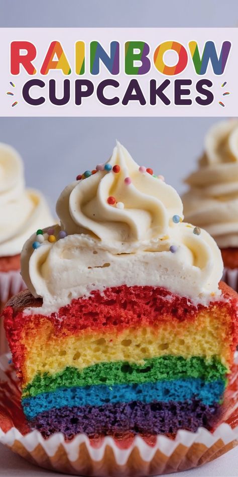 Rainbow Cupcakes with Surprise Center Recipe - Emma's Cake Studio Creamy Vanilla Frosting, Confetti Cupcakes, Summer Cupcakes, Cake Pulls, Rainbow Confetti, Colorful Desserts, Filled Cupcakes, Vanilla Buttercream Frosting, Cake Studio