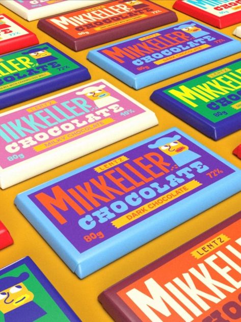 Pop Art Product Design Inspiration Candy Bar Design, Chocolate Bar Branding, Retro Chocolate Bars, Fun Packaging Design, Candy Packaging Design, Pop Art Product, Chocolate Bar Brands, Current Graphic Design Trends, Chocolate Bar Packaging