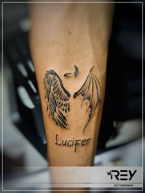 Lucifer Name Tattoo, Lucifer Morningstar Tattoo Ideas, Lucifer Angel Tattoo, Lucifer Wings Tattoo, Lucifer Tattoo Design Angel, Angel Devil Wings Tattoo, Good And Bad Angel Tattoo, Lucifer Morningstar Tattoo, Angel And Demon Wings Tattoo