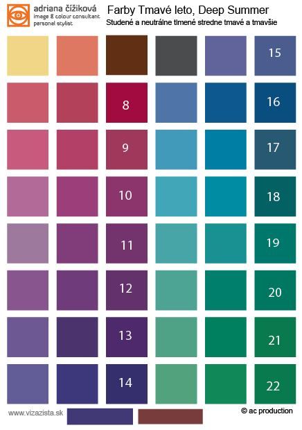 Deep Summer tonal palette. Tones and shades. Basic orientation. If you are Deep summer, your best colours are wine red,deep rose, dark raspbery, navy blue, charcoal black, darker muted violet,dark chocolade, rosebrown, deep sea green...the darkest shades of summer colours. Soft, velvety look. This color type is former type of my 12 seasonal system since 2003 ( Dark Summer, Soft Summer, Clear Summer). Soft Summer Light, Soft Autumn Palette, Soft Autumn Color Palette, Soft Summer Palette, Soft Summer Color Palette, Dark Summer, Soft Summer Colors, Winter Color Palette, Winter Typ