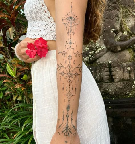 Spiritual Tattoos Arm Women, Spiritual Tattoos Arm Sleeve, Spiritual Tattoos For Women Arm, Women Underarm Tattoo, Spiritual Ornamental Tattoo, Bohemian Arm Tattoo, Celestial Arm Sleeve, Boho Arm Sleeve Tattoo, Ornamental Arm Sleeve