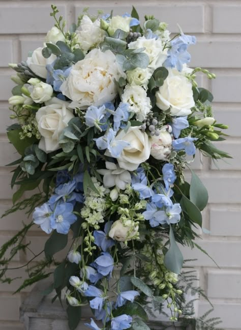 Bridal cascade bouquet Cascading Blue And White Bouquet, Cascading Hydrangea Bouquet, Blue White Bouquet Wedding, Blue And White Cascading Bridal Bouquet, Bouquet With Delphinium, Blue Delphinium Bouquet, Blue Cascading Bouquet, Cascading Bouquet Wedding, Delphinium Bouquet