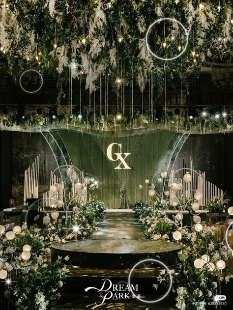 Indoor Garden Theme Wedding Reception, Glass House Wedding Receptions, Wedding Ballroom Decorations, Wedding Theme Ideas Elegant Indoor, Indoor Forest Wedding, Wedding Reception Ideas Indoor Elegant, Ballroom Wedding Decor, Stage Wedding Decor, Indoor Garden Wedding Reception