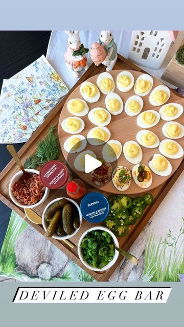 Deviled Egg Bar Ideas, Deviled Egg Bar, Chartreuse Board, Mini Pickles, Macy Blackwell, Toppings Bar, Deviled Egg Platter, Boards Charcuterie, Easter 2024