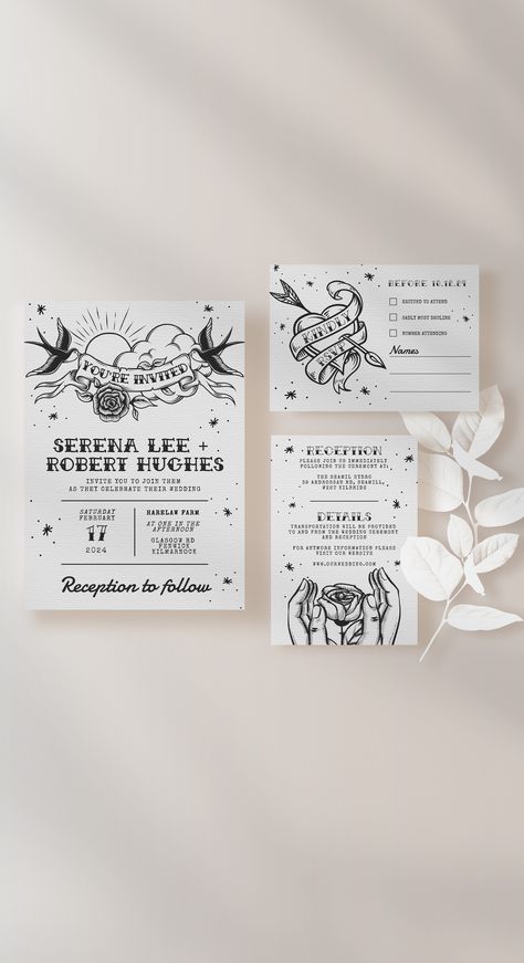 American Traditional Wedding Invitation, Wedding Invitations Rock And Roll, Traditional Tattoo Wedding Invitations, Alt Wedding Invitations, Traditional Tattoo Wedding, Tattoo Theme Wedding, Rock Wedding Invitations, Tattoo Wedding Invitations, Alternative Wedding Invites