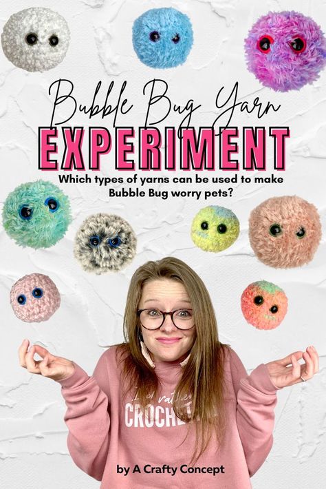 Bubble Bug yarn experiment! Let’s try 5 different textured yarns and see how a Bubble Bug worry pet will work up with each one. Worry Pet, Pet Monsters, Crochet Toys Free Patterns, Crochet Monsters, Yarn Bee, Modern Crochet Patterns, Quick Crochet Patterns, Easy Crochet Patterns Free, Crochet Business