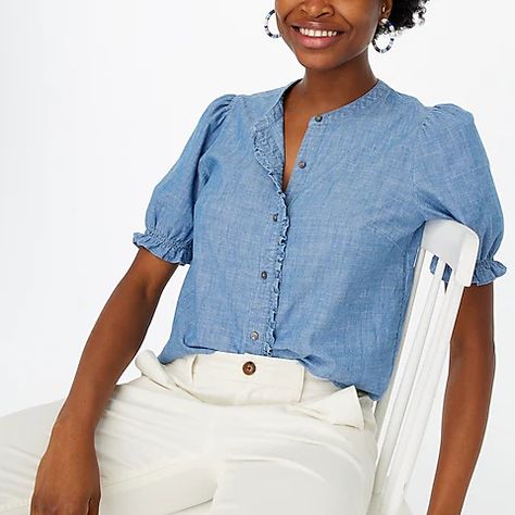 Women's Shirts & Tops | J.Crew Factory Puff Sleeve Shirt Outfit, Sleeve Shirt Outfit, Cropped White Jeans, Puff Sleeve Shirt, J Crew Style, Chambray Top, Chambray Shirt, Top For Women, Puff Sleeve Top