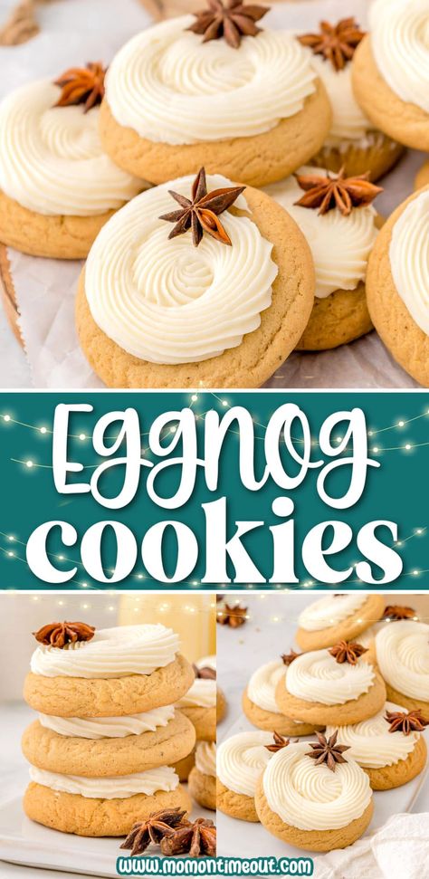 Festive and delicious Eggnog Cookies are soft and chewy and topped with a luscious eggnog frosting!  Easy to make, with no chill time required, these cookies are sure to become a new holiday favorite in your home! Christmas Cookies Recipes Holiday Xmas, Egg Nog Cookies, Winter Wonderland Cookies, Top Christmas Cookies, Eggnog Frosting, Egg Nog Cookies Recipe, Macaroon Cookies Recipe, Wonderland Cookies, Christmas Cookie Recipes Holiday