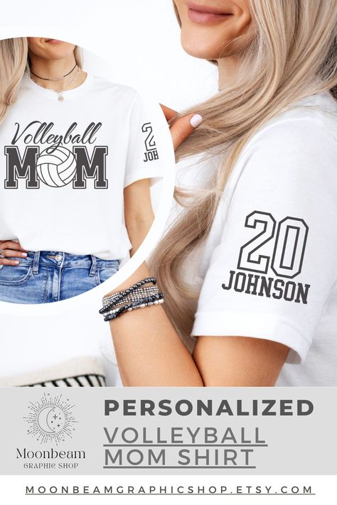 The perfect gift for the Volleyball Mom in your life! This personalized shirt is a great way to show your appreciation for her birthday, Mother's Day, or any occasion.  She'll love cheering on her favorite player (with their number and last name on the sleeve!) in style. #volleyballmom #gift #mothersday #birthday #volleyballlife #volleyballmomshirts #volleyballmomgiftidea #volleyballmomoutfit #teammomgiftsvolleyball #teammomvolleyballshirts #clubvolleyballteammom Volleyball Mom Shirts Design, Volleyball Ideas, Team Mom Gifts, Volleyball Mom Shirts, Unique Graphic Design, Volleyball Shirts, Vinyl Monogram, Team Mom, Volleyball Mom