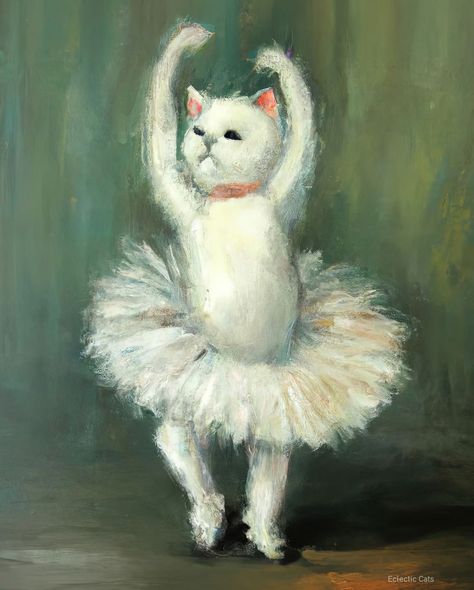 Maybe a bit on kitschy side, but kind of cute anyway. Famous Paintings With Cats, Ballet Cat Illustration, Cat Paintings Aesthetic, Posters For Ur Room, Funny Cat Paintings, Cat Painting Easy, Cat Ballerina, White Cat Painting, Cute Cat Poster